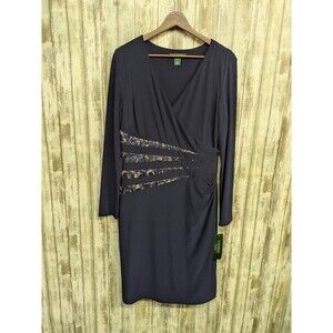 Lauren Ralph Lauren Long Sleeve Faux Wrap Dress Navy Lace Stretch 12 NWT $154